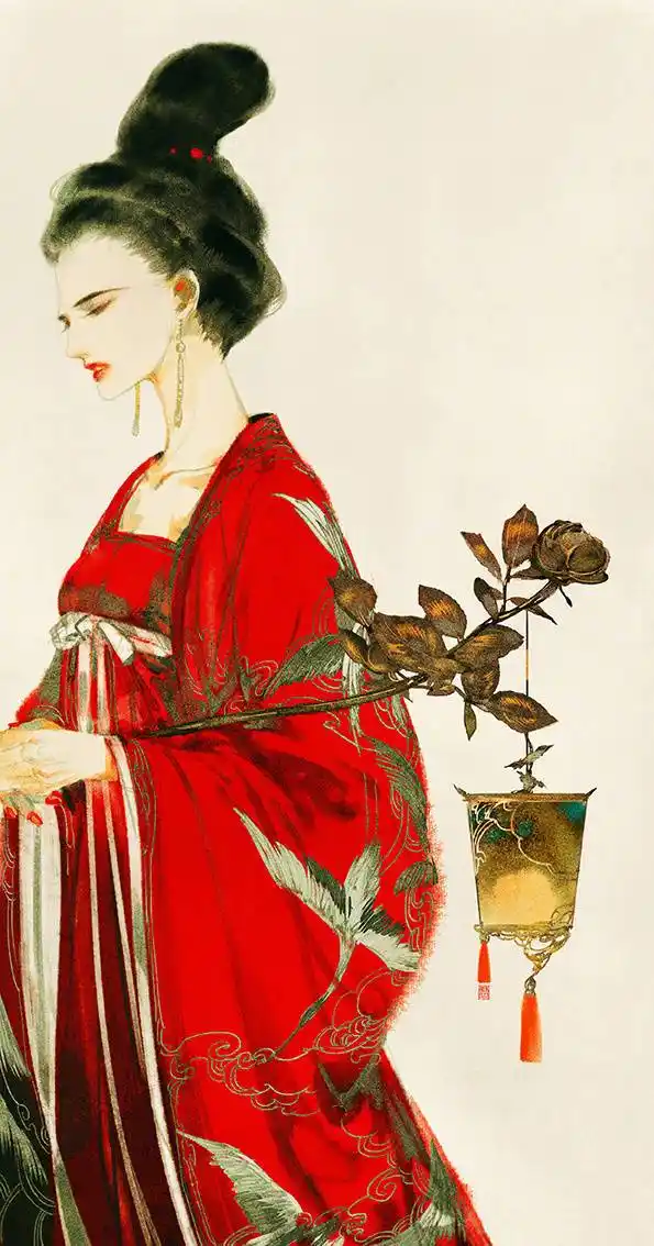 手绘古风红衣女子妖猫传杨玉环画师伊