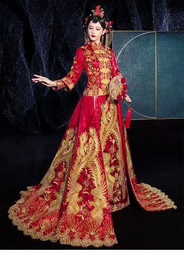 新品秀禾服2020新款古装结婚礼服中式嫁衣凤冠霞帔大拖尾秀和服龙凤褂