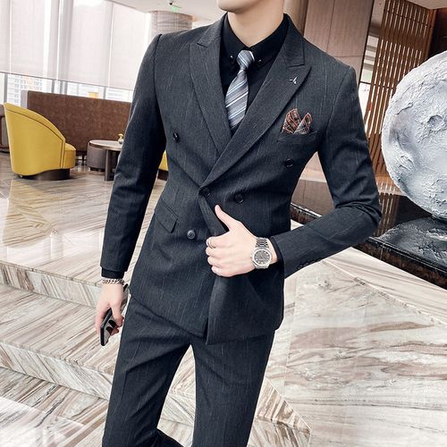 韩版修身潮流帅气休闲双排扣西装套装男士西服三件套新郎结婚礼服