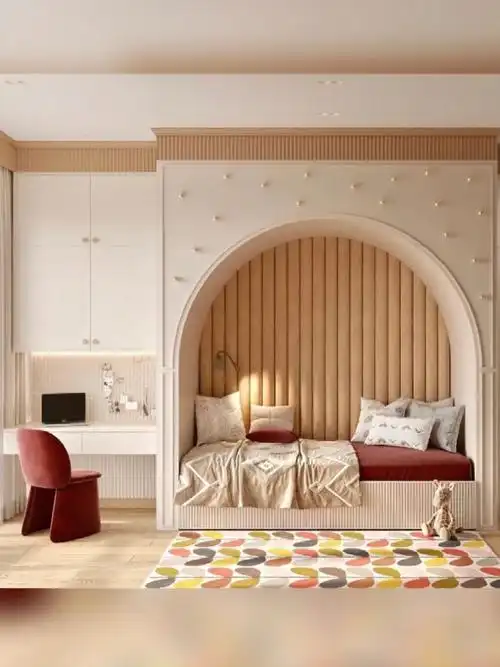 儿童房设计  #定制儿童床  #儿童房家具  奶白风格.拱形大圆高低膊.