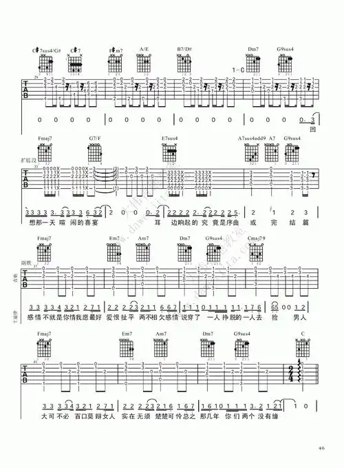 《阴天》吉他谱六线谱c调_莫文蔚