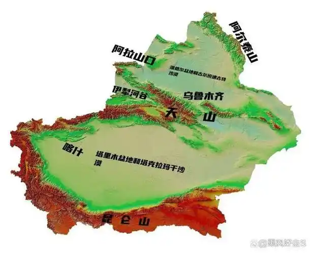 阿尔泰山,中间的东西走向的天山,南部向南凸或向北凹半弧状的昆仑山脉