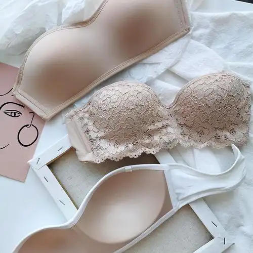 suntek蕾丝隐形文胸无肩带内衣女无钢圈夏薄款聚拢防滑大小抹胸光面