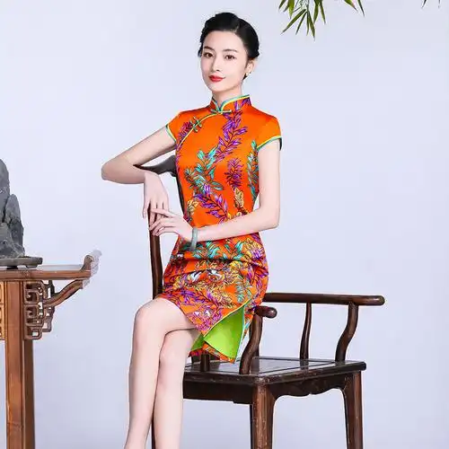 钱塘佳人重磅真丝旗袍桑蚕丝短款修身性感改良版中国风复古连衣裙