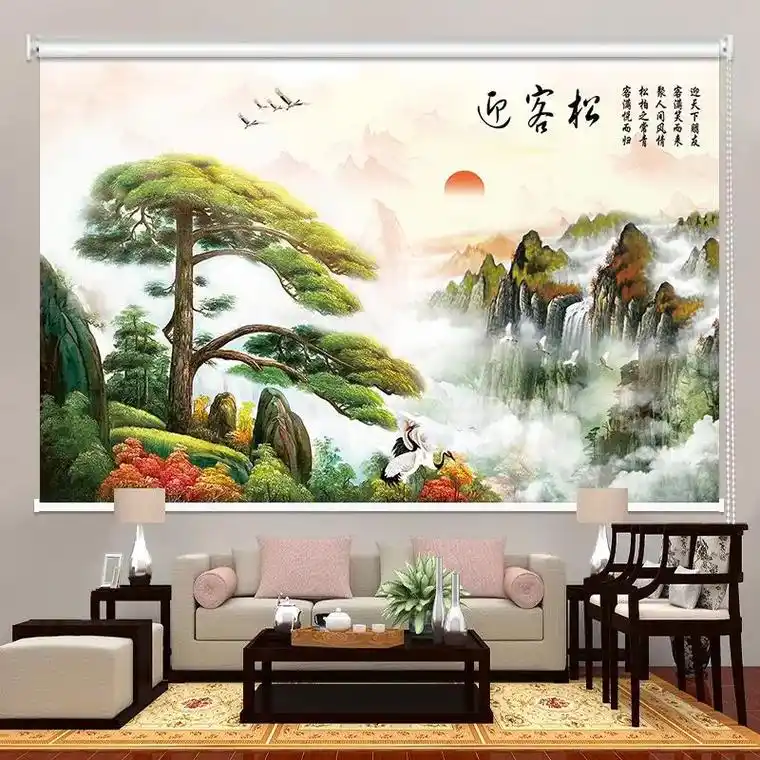 定制山水风景画卷帘窗帘办公室客厅卧室阳台防晒手拉升降式免打孔