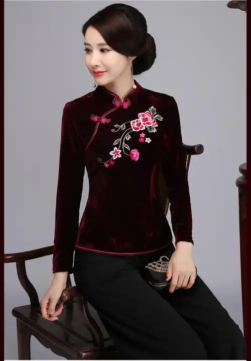 长袖丝绒旗袍上衣短款改良丝绒唐装套装女大码妈妈装婚宴礼服刺绣