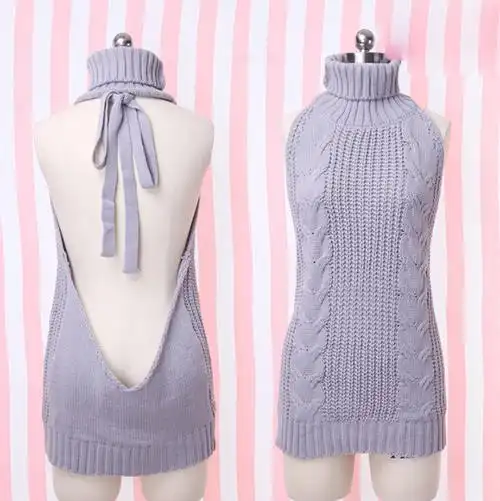 高领挂脖性感情趣露背毛衣无袖日系团子少女工口衣服女慵懒针织衫