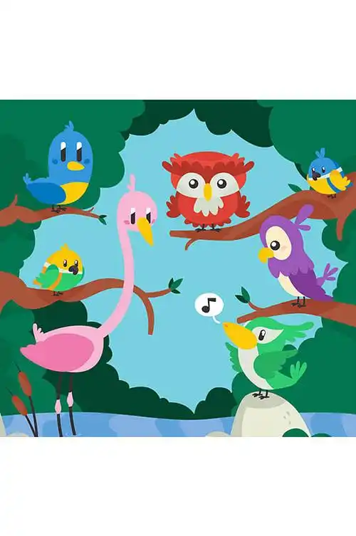 7只卡通森林中的鸟矢量素材