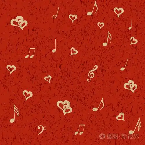 音乐音符和心在咕噜的背景下. 红色背景上的感官矢量插图.