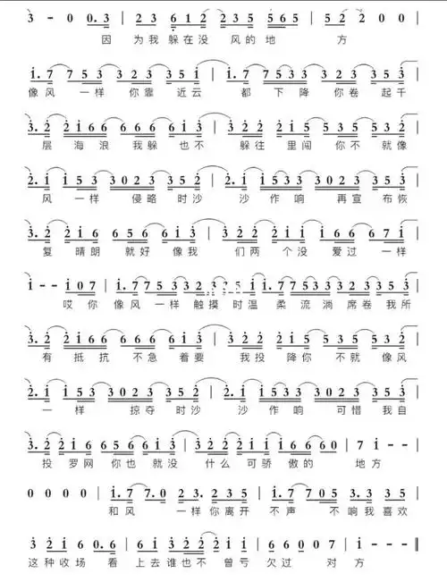 《像风一样》d调 简谱