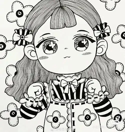 装饰线描 卡通可爱小女孩 手绘简笔画 by宅是我的本性