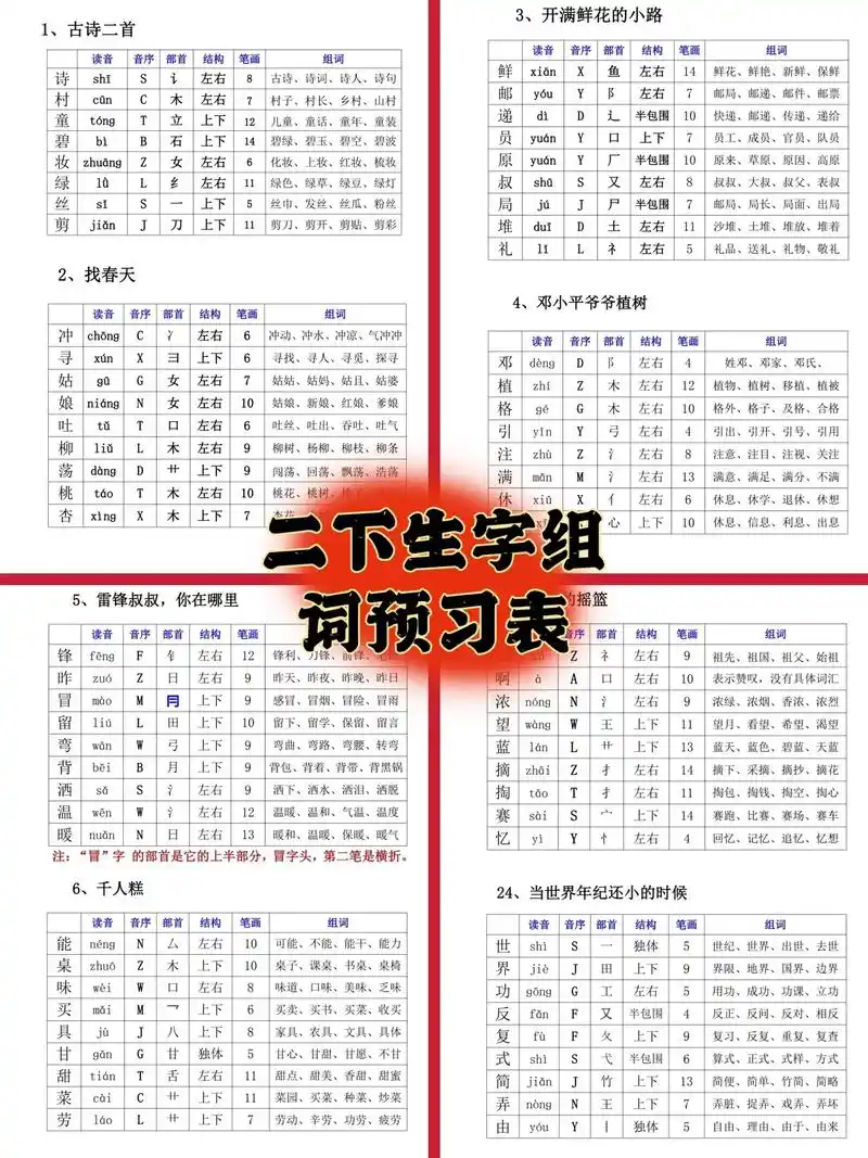 二年级下语文生字组词预习表|无偿分享打印.1-6年级的生字组 - 抖音