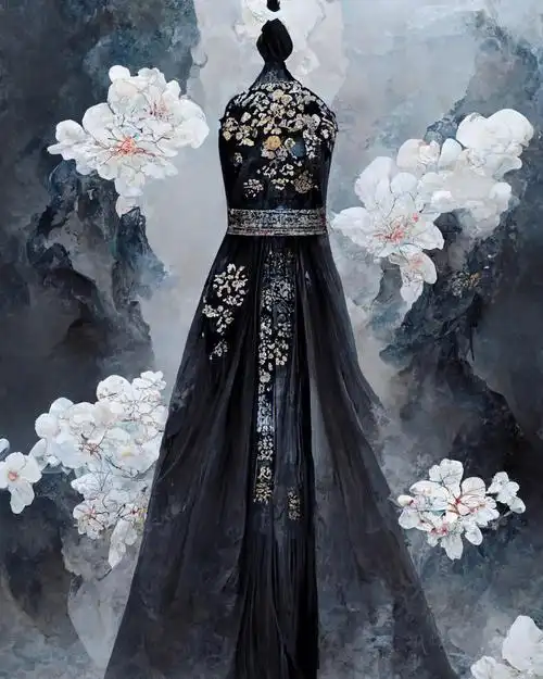 国风高级定制黑色礼服长裙服装设计练习53