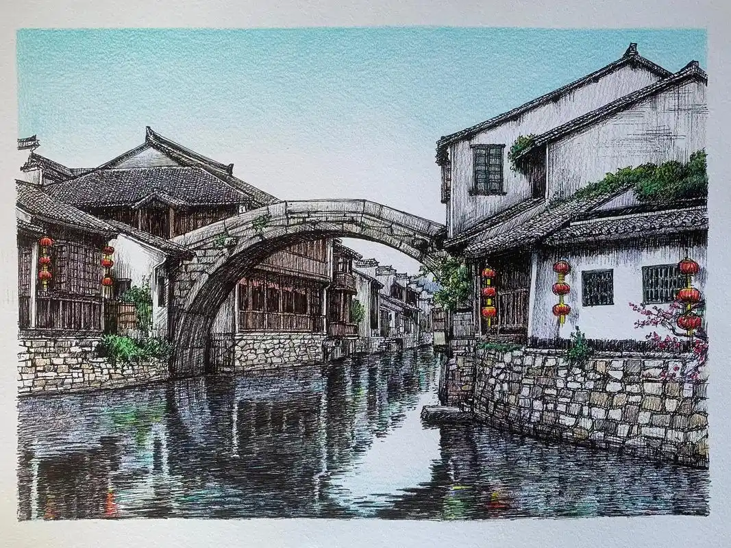 风景速写:江南美景-一江烟水照晴岚.#绘画教程 #速写风景  - 抖音