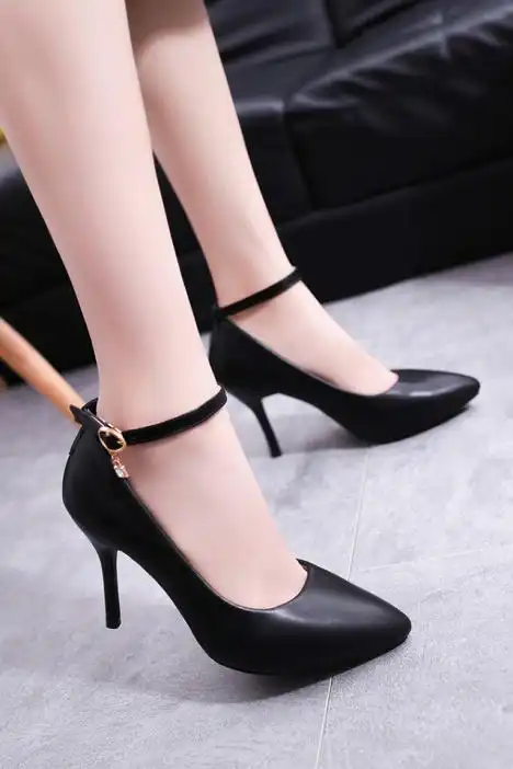 潮秘书欧美新款浅口细跟尖头高跟鞋舒适女单鞋一字扣带职业工作鞋