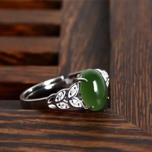 批发玉石和田玉菠菜绿金镶玉戒指女款 925镶银戒指 秀气型可调节