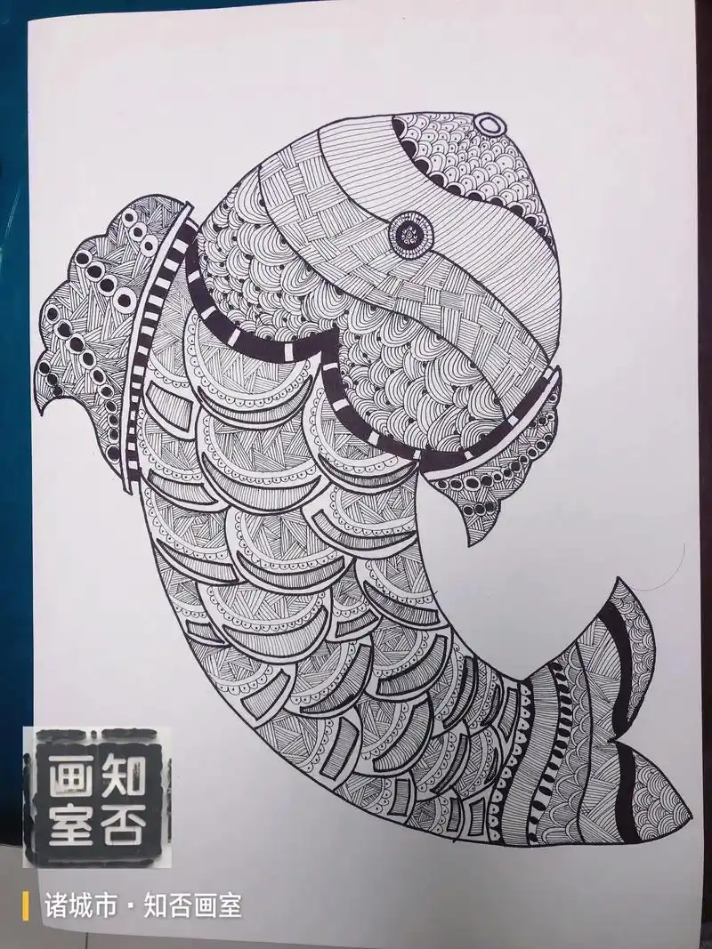 黑白线描画 年年有余 - 抖音