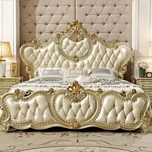 米括mikuo欧式床主卧公主全实木床18双人橡木雕花婚床香槟金色宫廷风