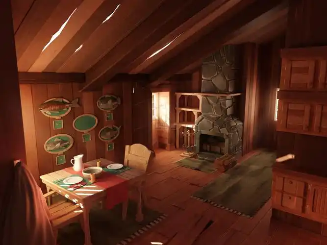小木屋内部,温馨家居,餐厅._四相合一作品_场景古代场景_cg模型网