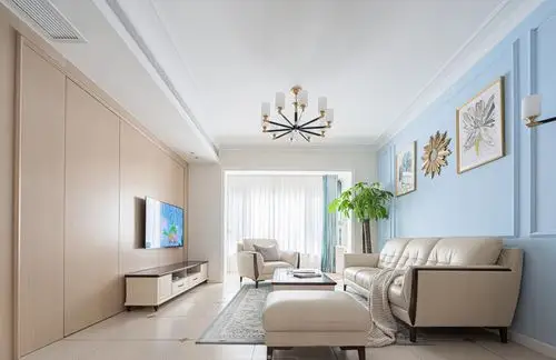 客厅电视墙一面吊顶三面走石膏线条装修图片