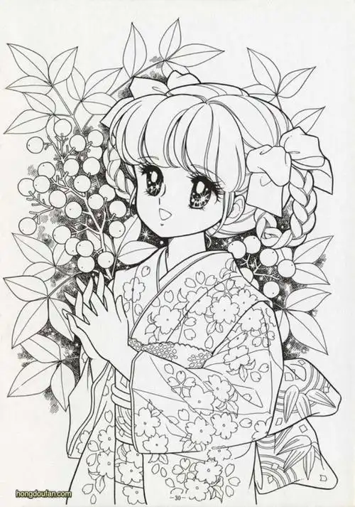 穿着樱花和服的漫画女生涂色填色图片大全-红豆饭小学生简笔画大全