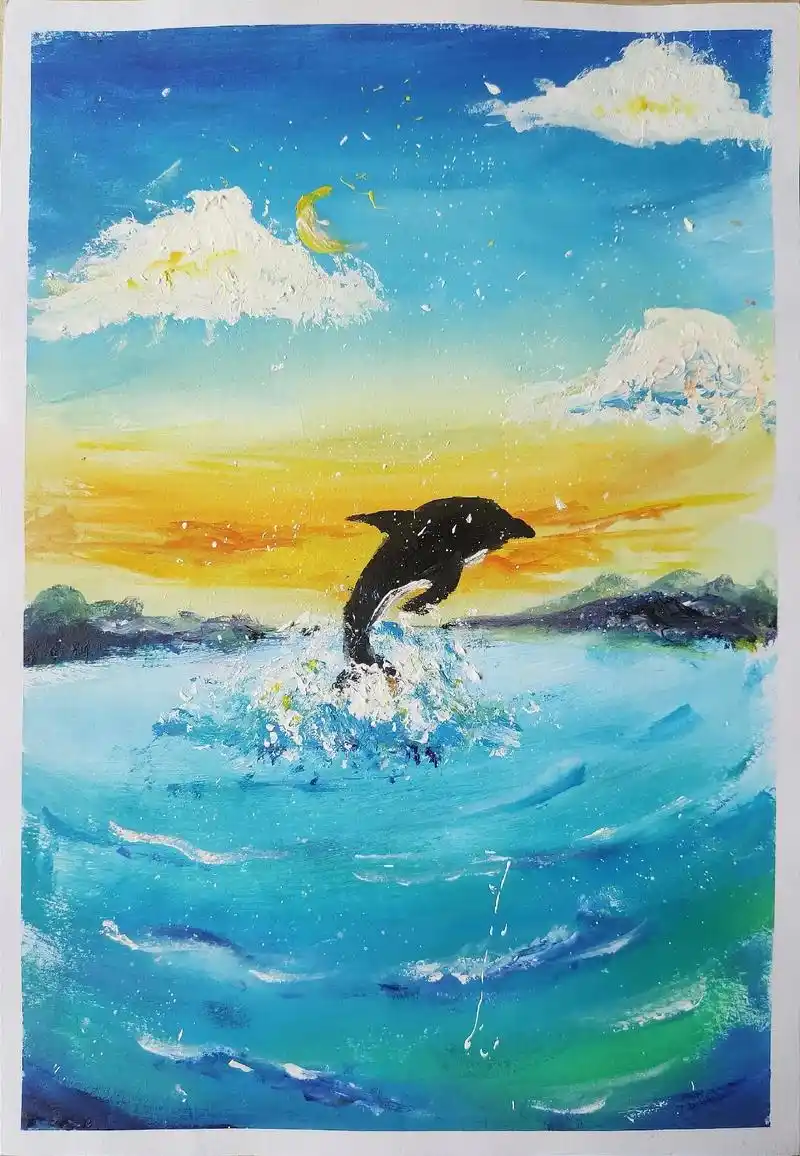 水粉画分享《海豚》附细节图#水粉画 #绘画分享 #儿童绘画作 - 抖音