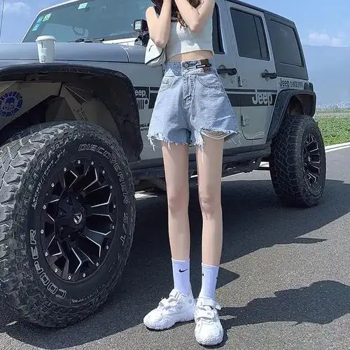 高腰牛仔短裤女新款夏季宽松大码阔腿显瘦a字毛边短热裤ins潮 - 17网