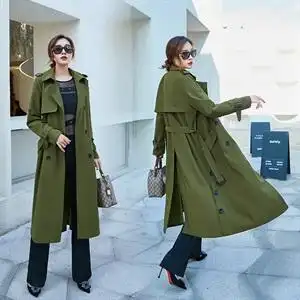 军绿色外套女春秋2021新款英伦风复古系带收腰长款风衣女小个子潮图片