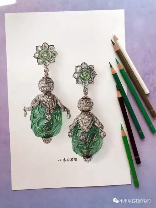 彩铅画钻石祖母绿耳环