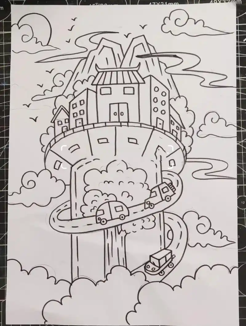 儿童创意画天空之城科幻主题7415原创