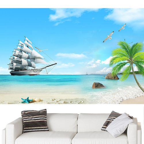 大海蓝天白云墙贴壁画海鸥贝壳沙滩装饰画帆船客厅卧室背景墙挂画