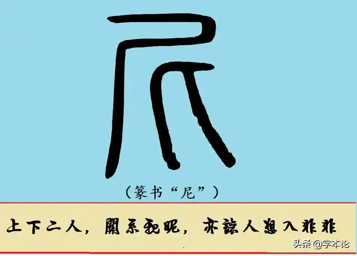 "尼"字不见于甲骨文金文,从篆书字形看为会意字,"尸"为人,"匕"亦为人