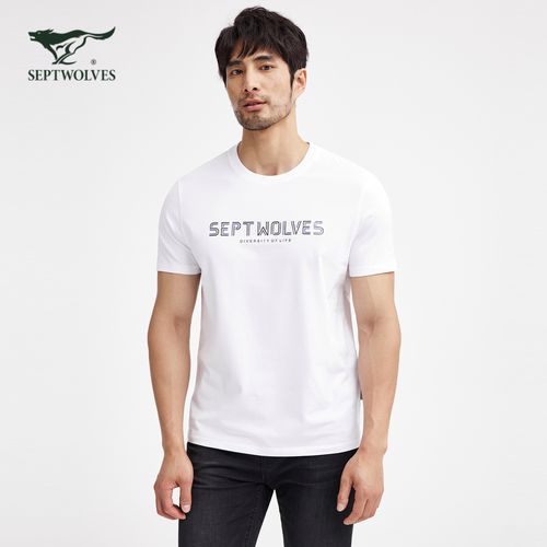 七匹狼【狼族部落】圆领短袖男士夏季英文印花弹力休闲t恤衫2048