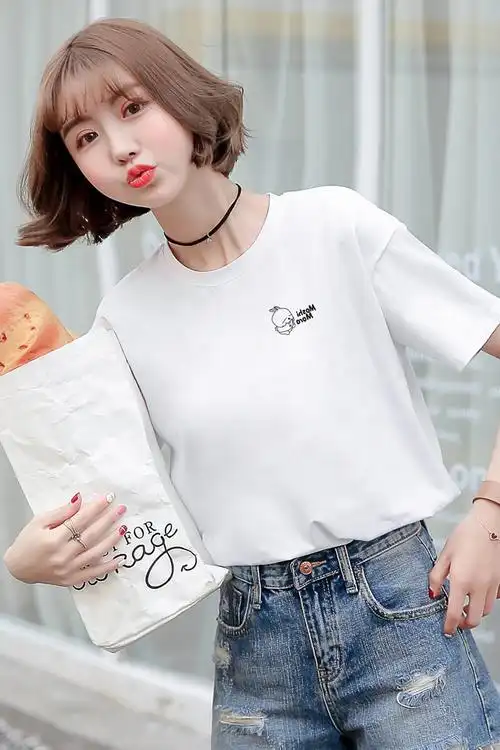 白色短袖t恤女韩版2020新款圆领宽松显瘦学生半袖百搭体恤潮