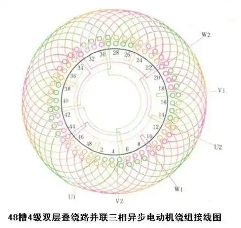 48槽4级双层绕组两路并联三相异步电动机绕线接线图