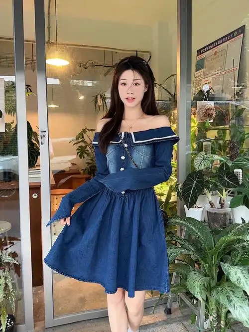高ji感气质深蓝色露背牛仔连衣裙女松紧收腰显瘦长款… - 17网