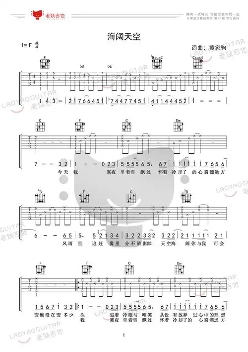 海阔天空吉他谱原版歌曲简单f调弹唱教学六线谱指弹简谱5张图