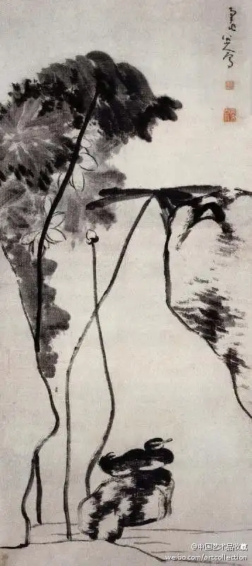 清初四僧#【 清 朱耷 《荷鸭图》 】轴,纸本,墨笔,142.8x66cm.