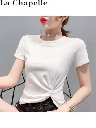 la chapelle sport拉夏贝尔23夏装新款下摆打结短袖t恤女装棉半袖紧身