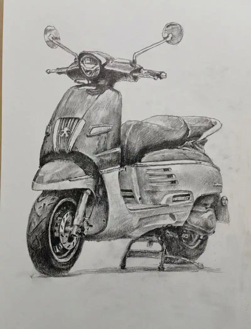 铅笔画摩托,不太精致的素描 这次铅笔画素描,实在是没有耐心画得很细