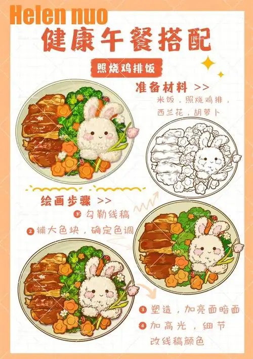 手绘美食照烧鸡排饭绘画过程