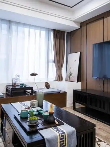 105平新中式风格装修客厅飘窗设计