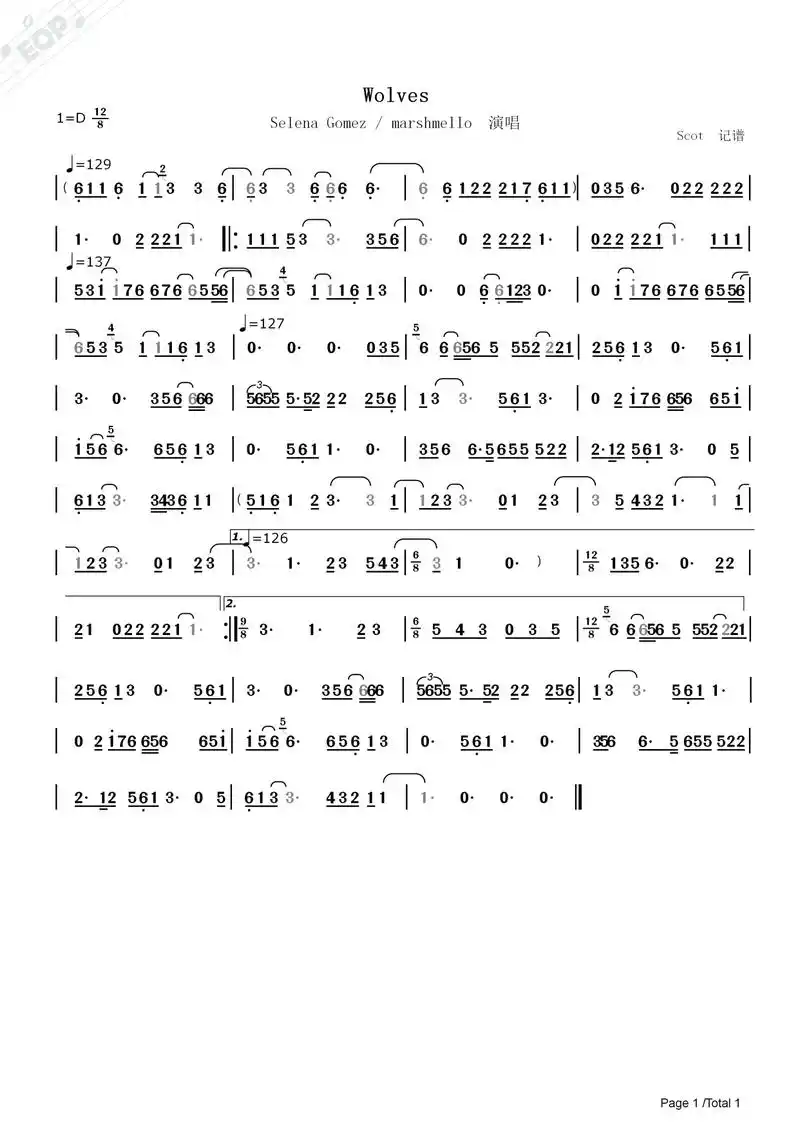 「欧美流行金曲」wolves-selena gomez & marshmello演唱动态简谱