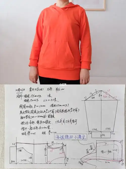 连帽卫衣裁剪图分享本料包边领口有变化