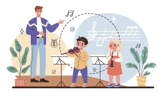 在上音乐课的老师和学生们插画矢量素材(eps)