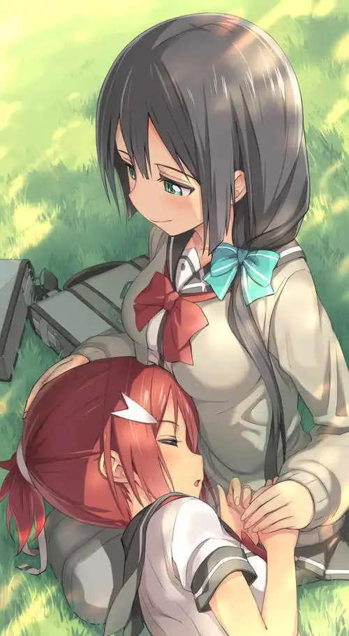 2girls, black_hair, blush, bow, bowtie, breas