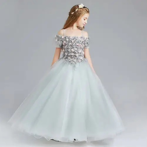 儿童礼服生日公主裙一字肩花童婚纱主持人晚礼服中大童钢琴演出服
