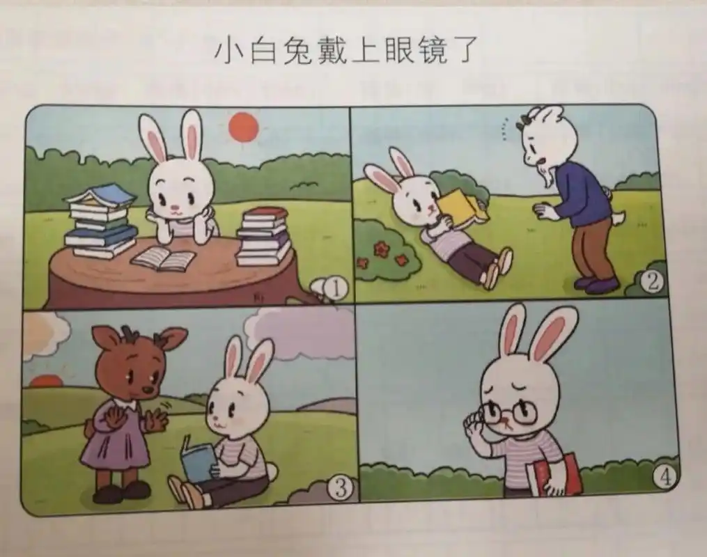 看图写话 小兔戴上眼镜了 夏天的早晨,阳光洒在草地上,洒在屋顶上,洒