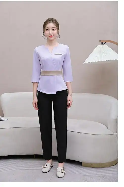 足浴技师工作服夏天套装美容院美容师女秋冬季养生馆足疗气质黑色s