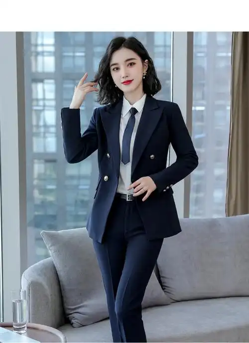 范时尚气质英伦风韩版女春季银行上班面试工作服藏青色西装裤子xxl